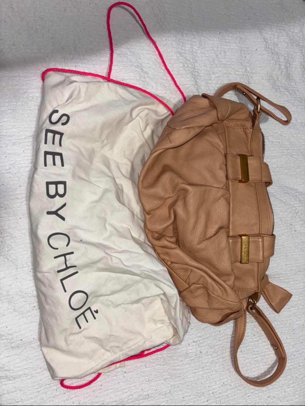 See By Chloé Pinkish Tan Leather Ruched Shoulder Bag with Gold Hardware